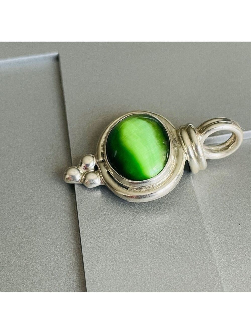 Green Cat’s Eye Mexico Sterling Silver Pendant Necklace Enhancer - Picture 3 of 8